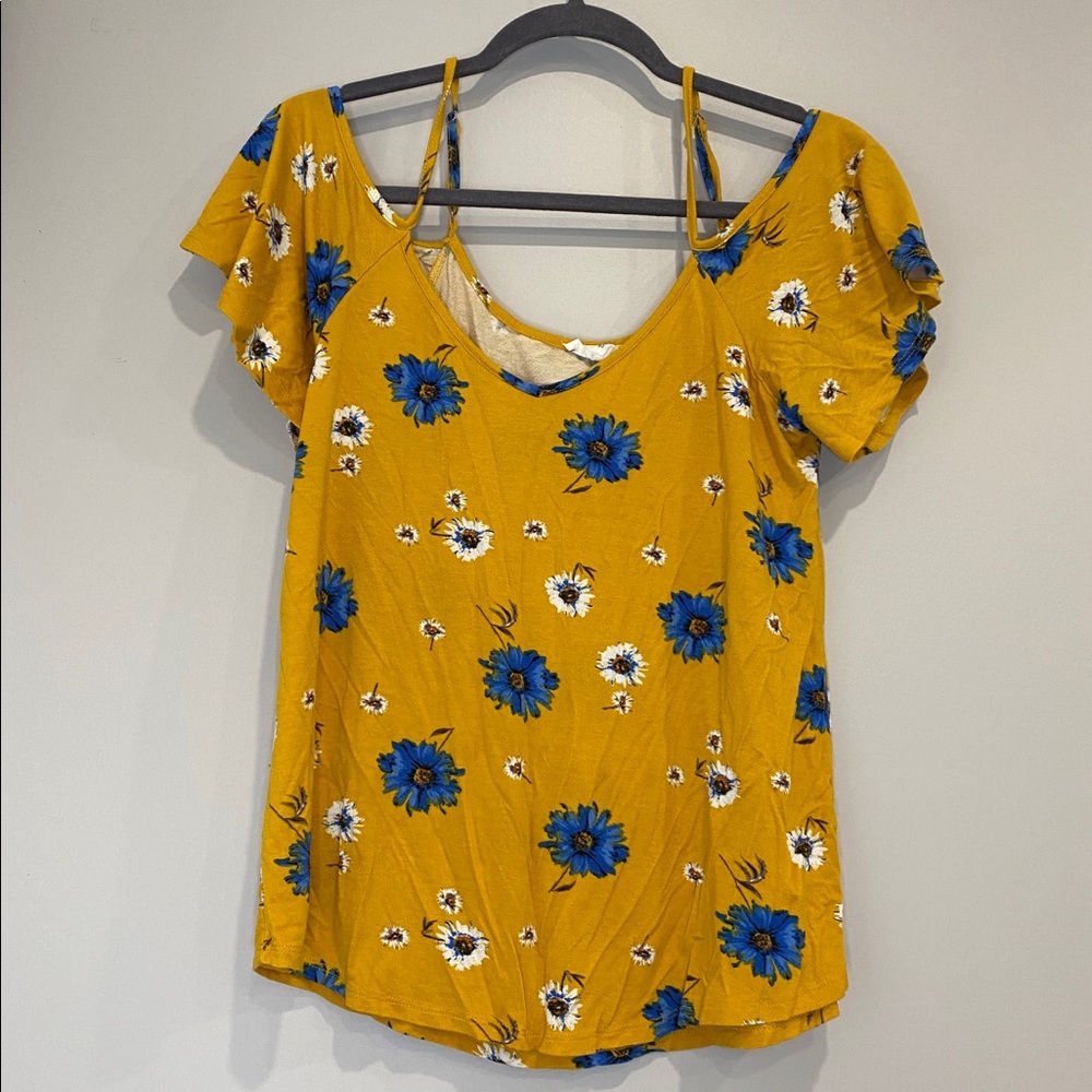 •2/$25• Mustard Yellow & Blue Floral Cold Shoulder Top by Mine - Picture 1 of 3